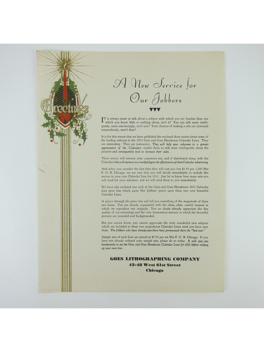 Vintage 1931 Christmas Stationery Sample Red Candle Holly Gold Goes Lithography